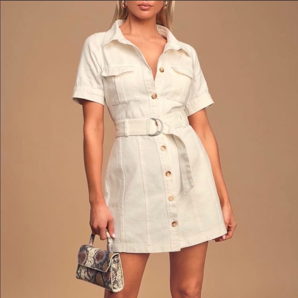 Lulu’s White Denim Belted Button-Up Mini Dress
